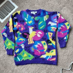 VTG Kitty Hawk Vivian Wang Mohair Sweater Colorful Abstract Bird Knit
